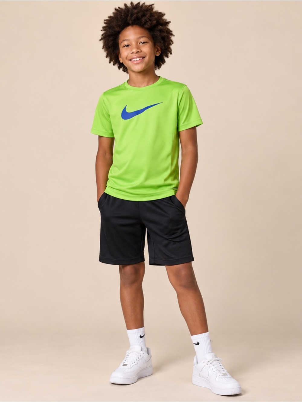 Nike Dri-FIT Boys Lime Green Performance Tee Blue Swoosh Size M